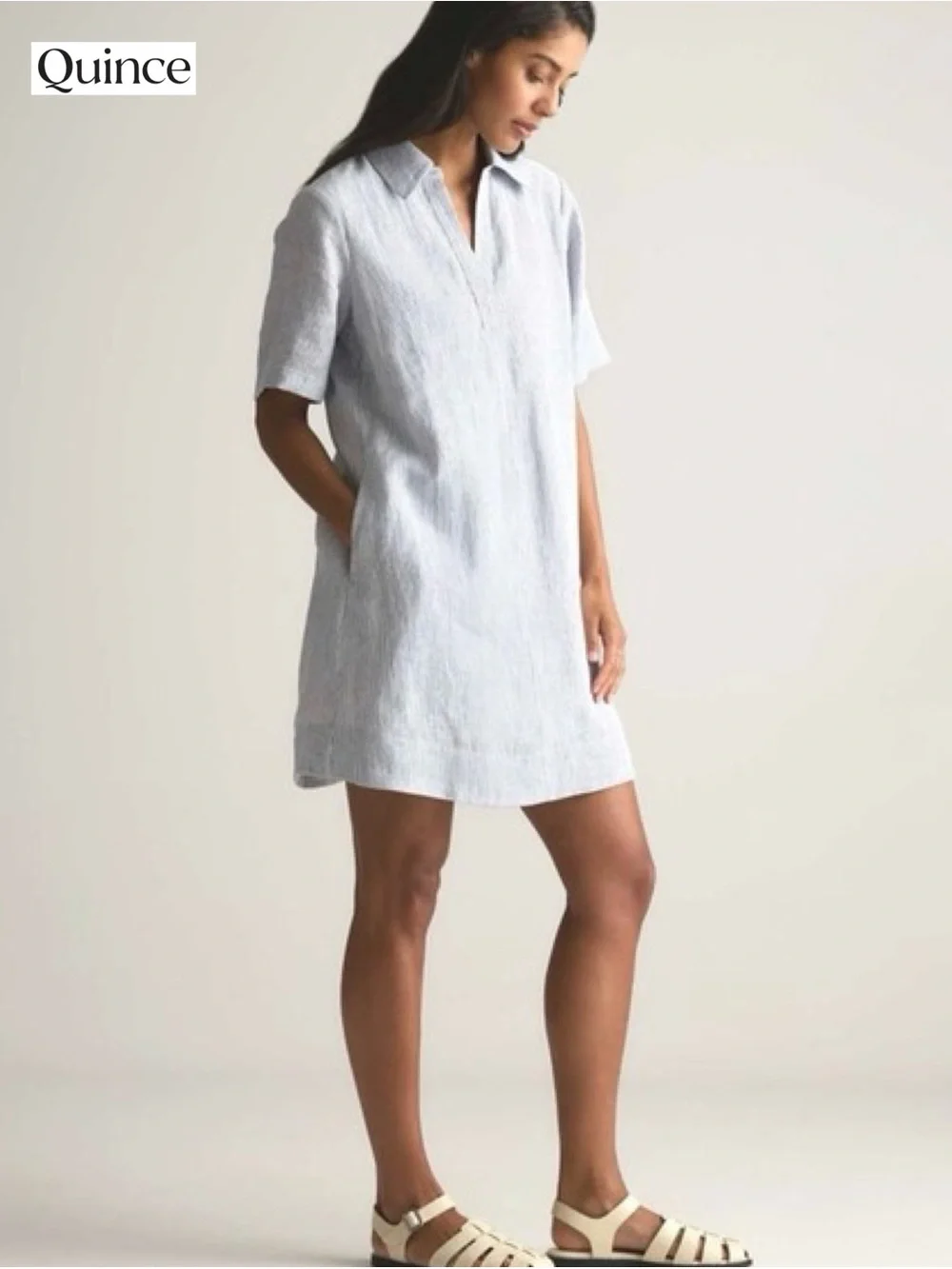 Quince 100% European Linen Popover Mini Dress Blue Pinstripe M Summer Pockets - Picture 3 of 15